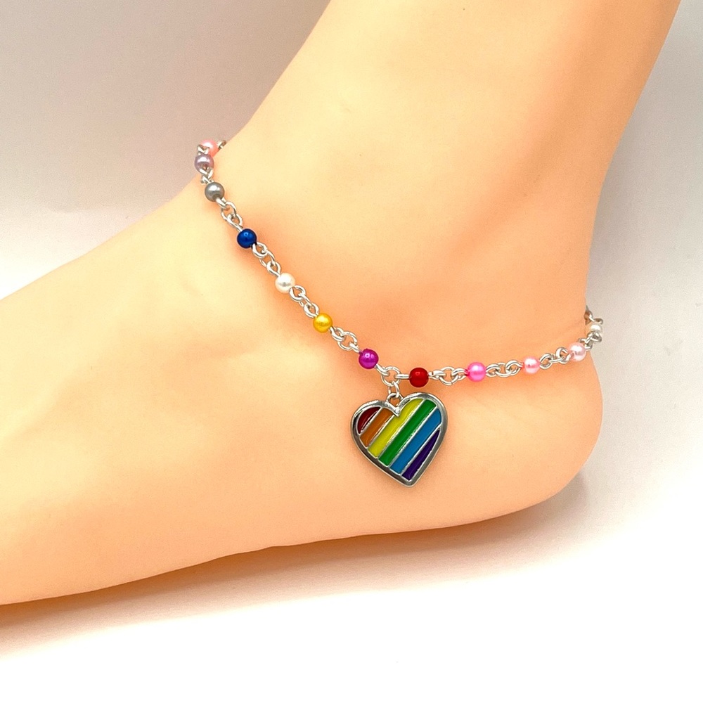 HAND CRAFTED Ankle Bracelet Linked Rainbow Pearl with Heart Charm
